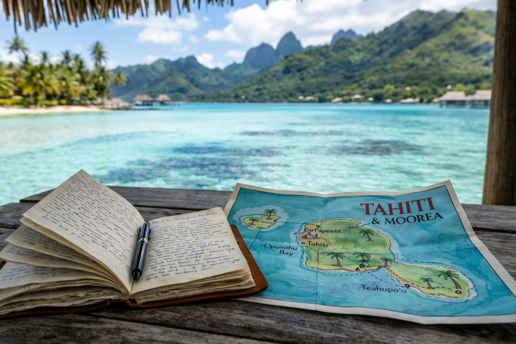 Open travel journal with handwritten notes and pen beside a colorful map of Tahiti and Moorea on a wooden table overlooking turquoise water and green mountains