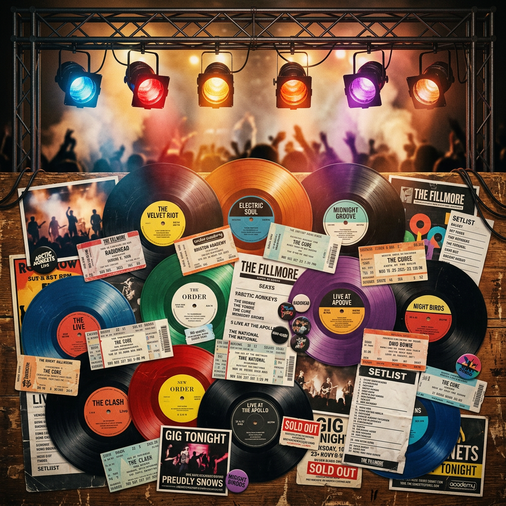 Colorful vinyl records with concert tickets and setlists on wooden tabletop